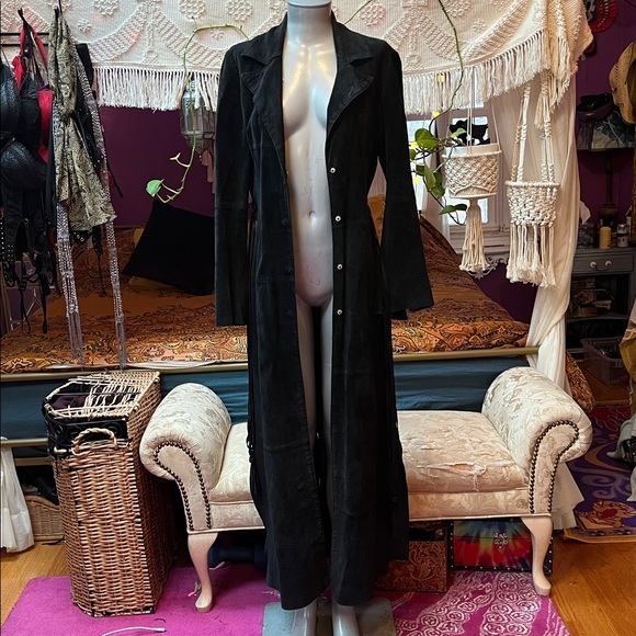 Vintage 90s Goth black suede leather maxi duster trench coat jacket - Picture 2 of 7